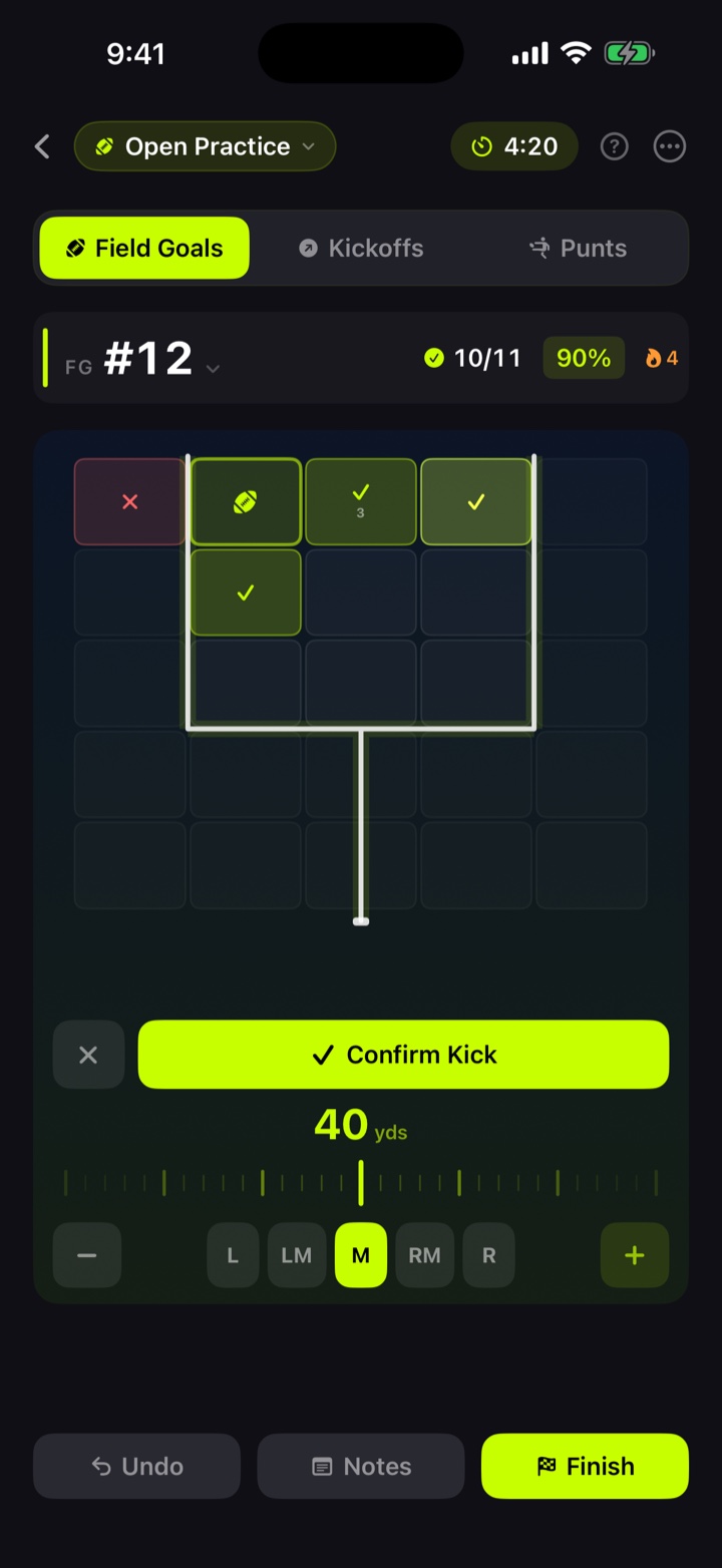 Live session tracking in CLUTCH: field goal number 12, 10 of 11 made, placement grid on a goalpost